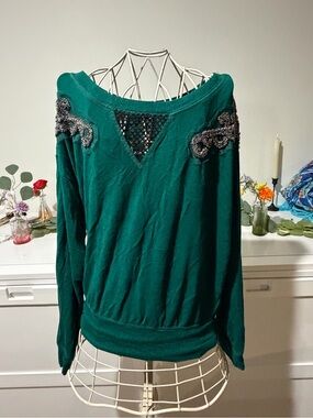 XOXO Teal Green Beaded Long Sleeve Blouse
